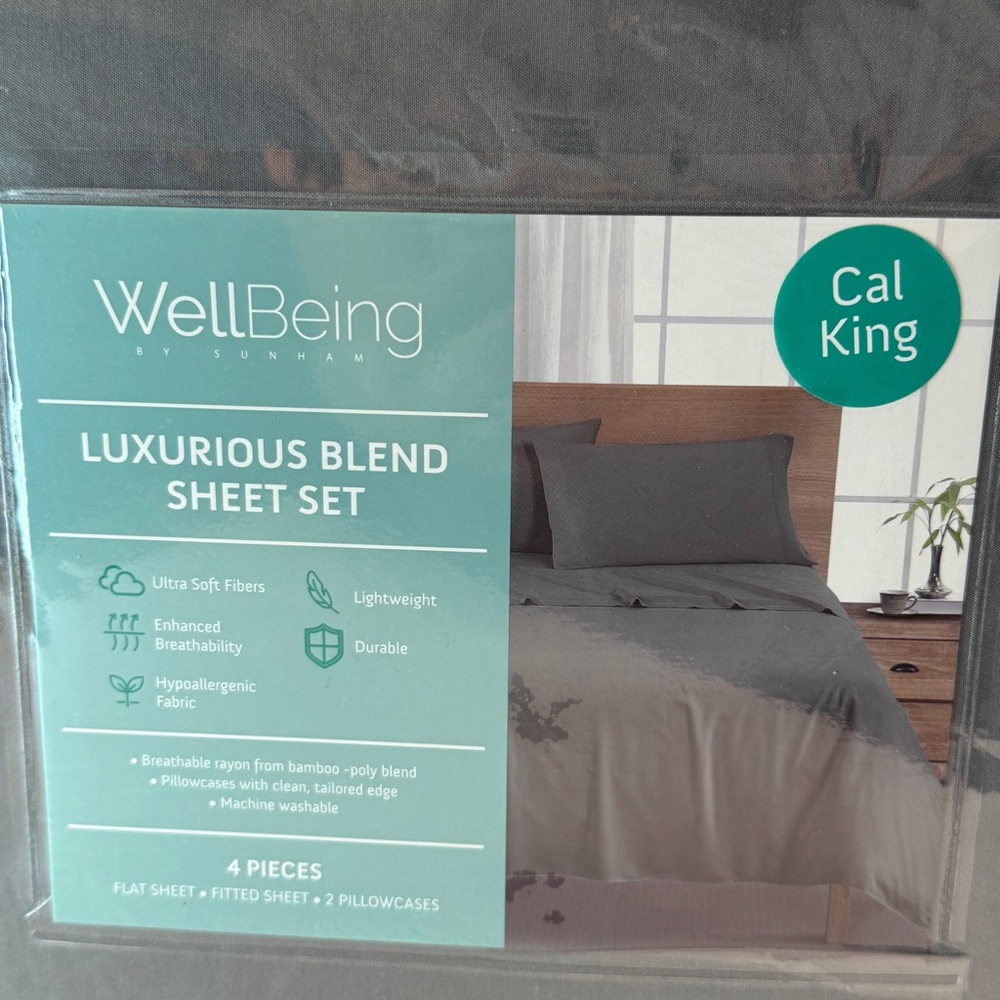 🆕 Wellbeing Gray Quill Bamboo Blend Cal King Sheet Set